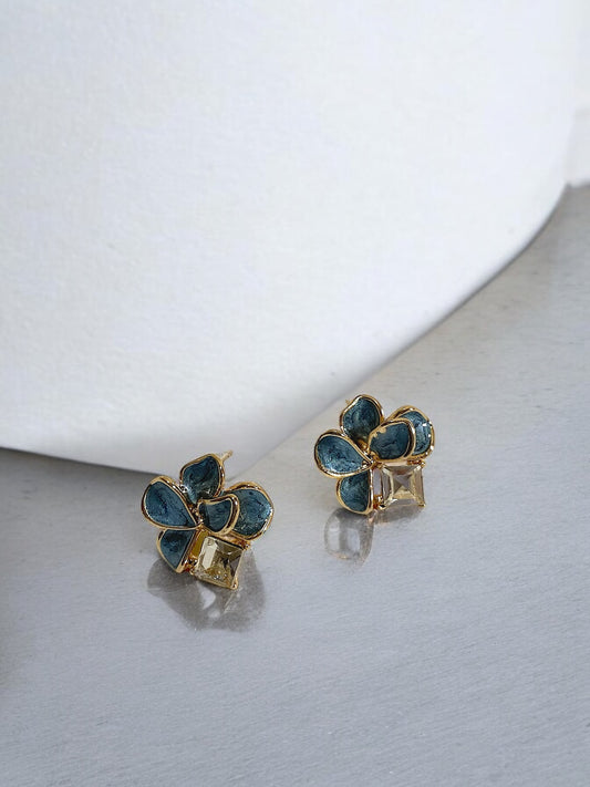 Elegant Blue Floral Earrings with Gold-Tone Finish