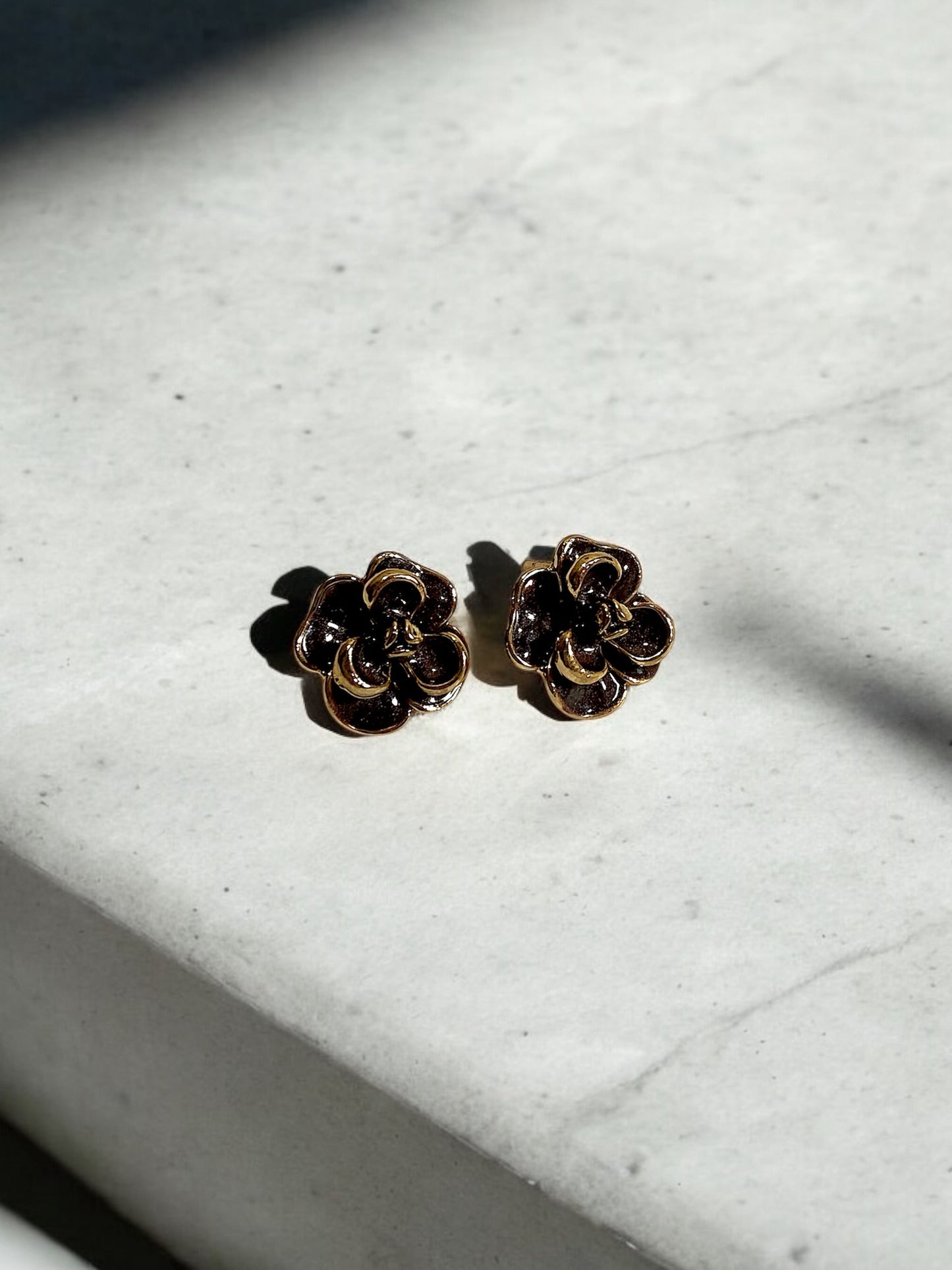 Classic Black Flower Stud Earrings with Gold Accents