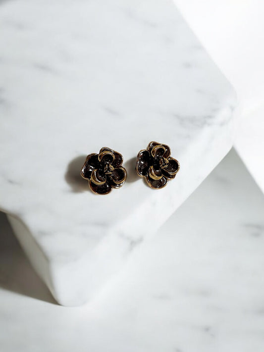 Classic Black Flower Stud Earrings with Gold Accents
